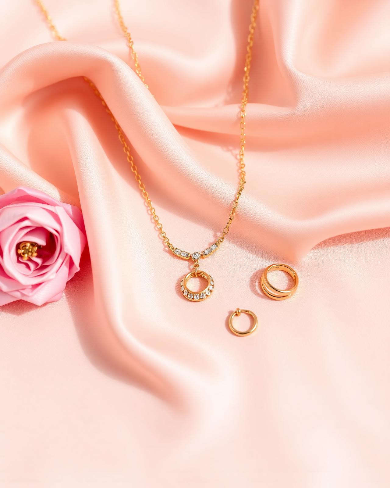 Curated gold jewellery on blush silk